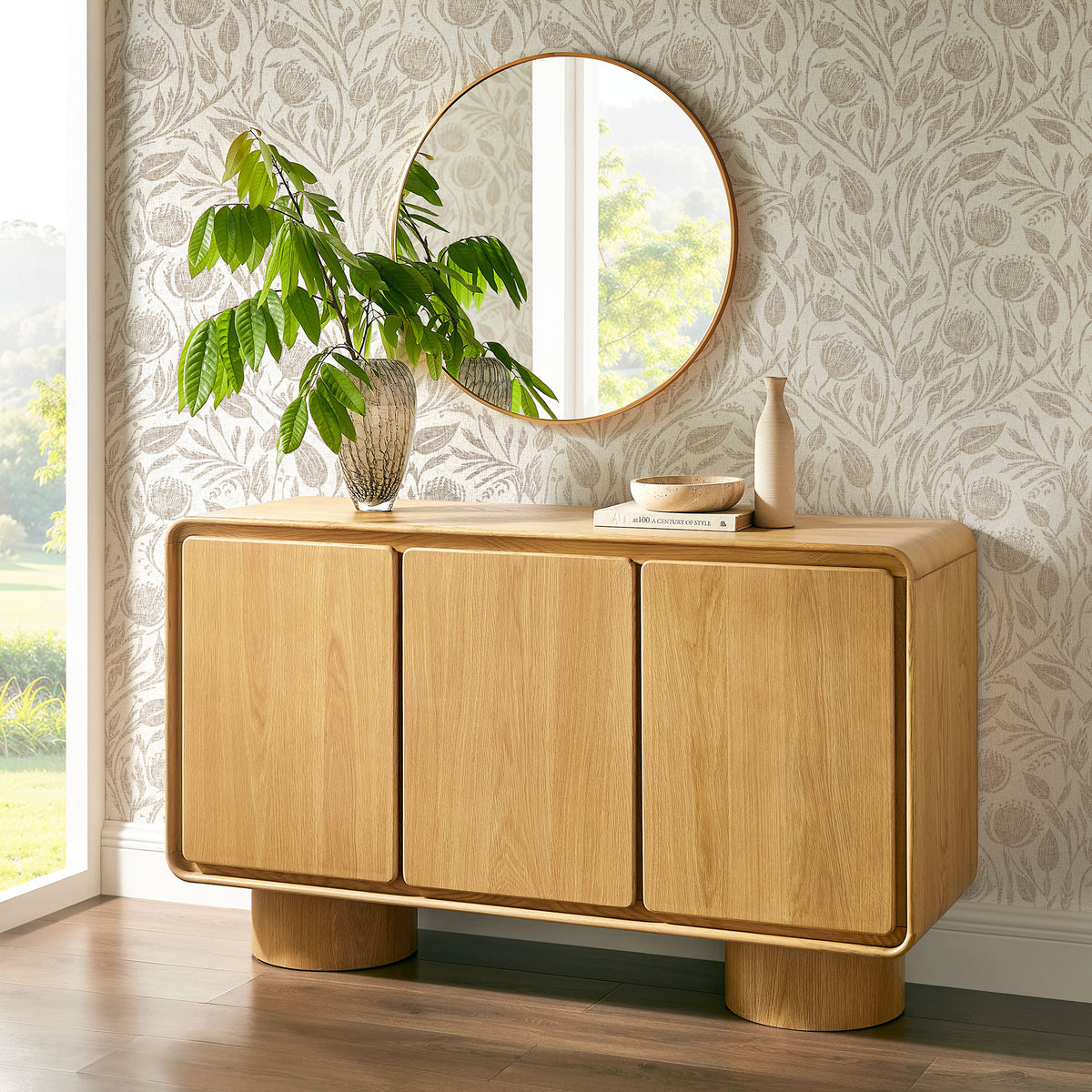 Lumo 3-Door Curved Wood Accent Cabinet - Oak