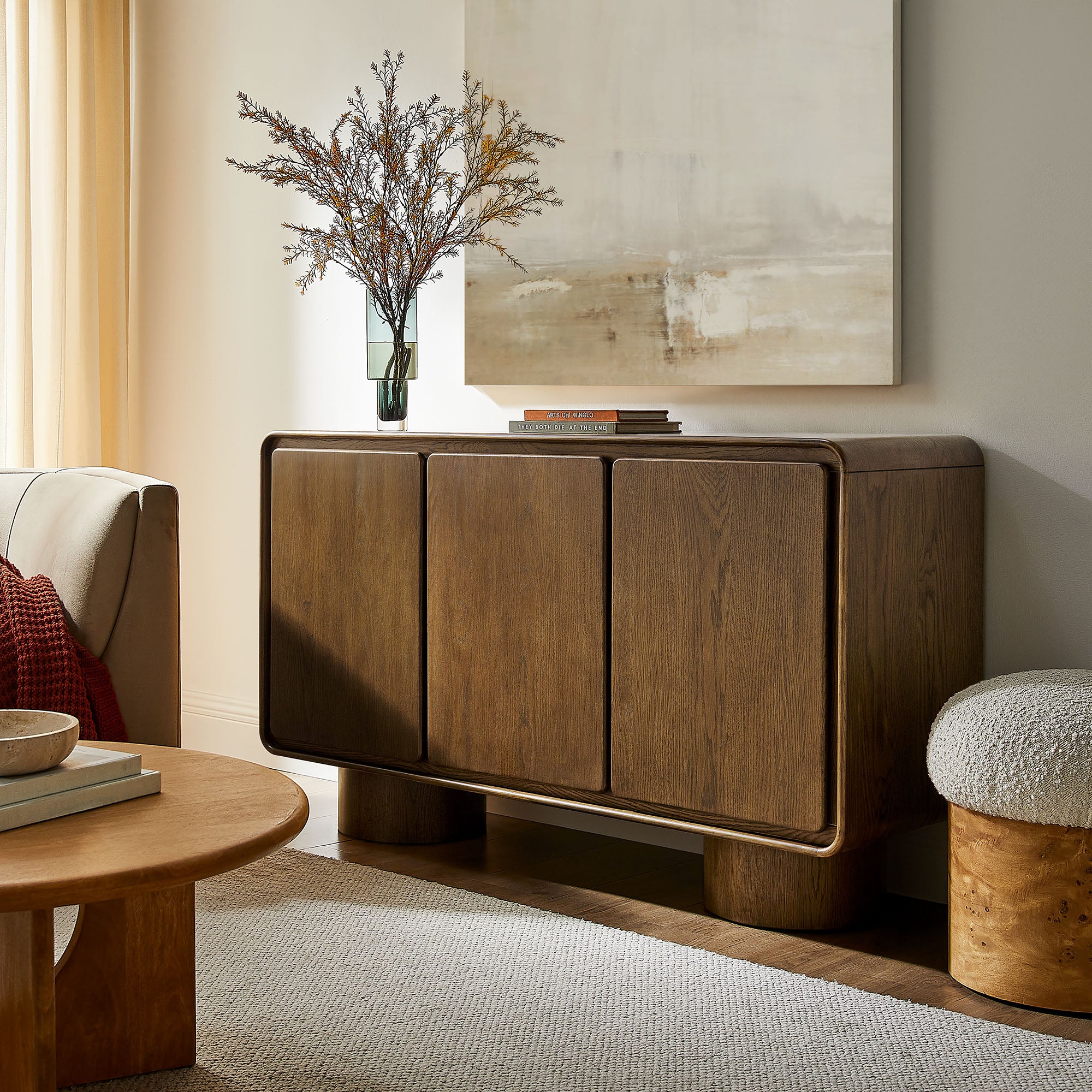 Lumo 3-Door Curved Wood Accent Cabinet - Walnut