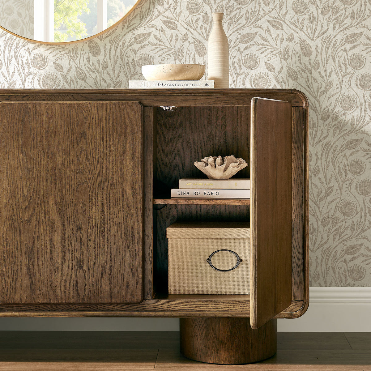 Lumo 3-Door Curved Wood Accent Cabinet - Walnut