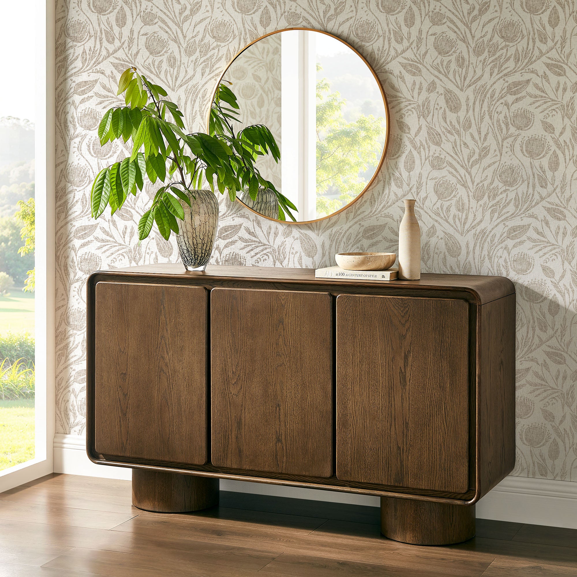 Lumo 3-Door Curved Wood Accent Cabinet - Walnut