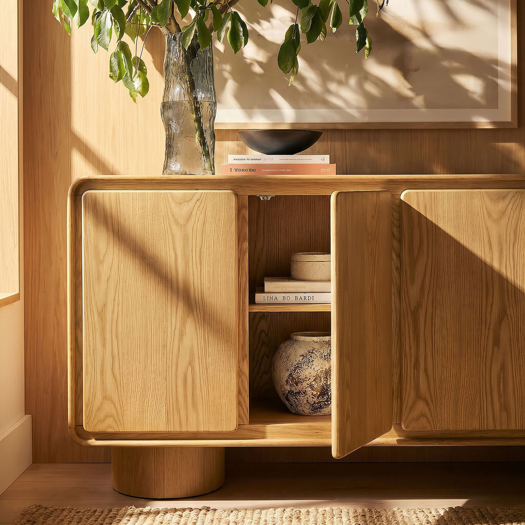 Lumo 4-Door Curved Wood Accent Cabinet - Oak