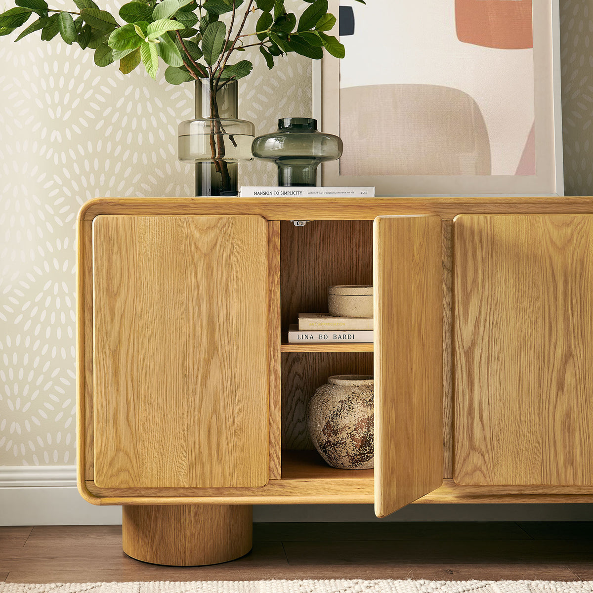 Lumo 4-Door Curved Wood Accent Cabinet - Oak