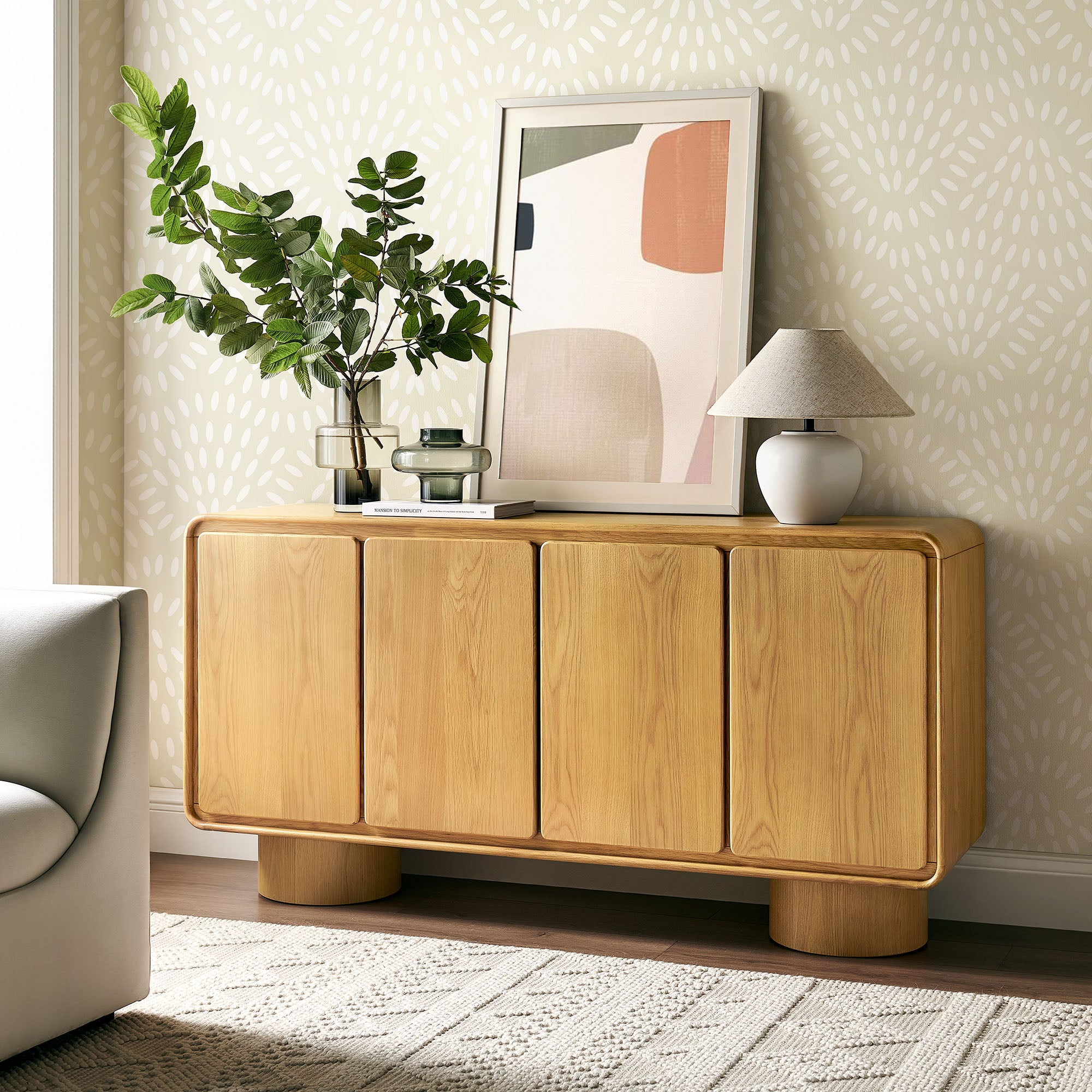 Lumo 4-Door Curved Wood Accent Cabinet - Oak
