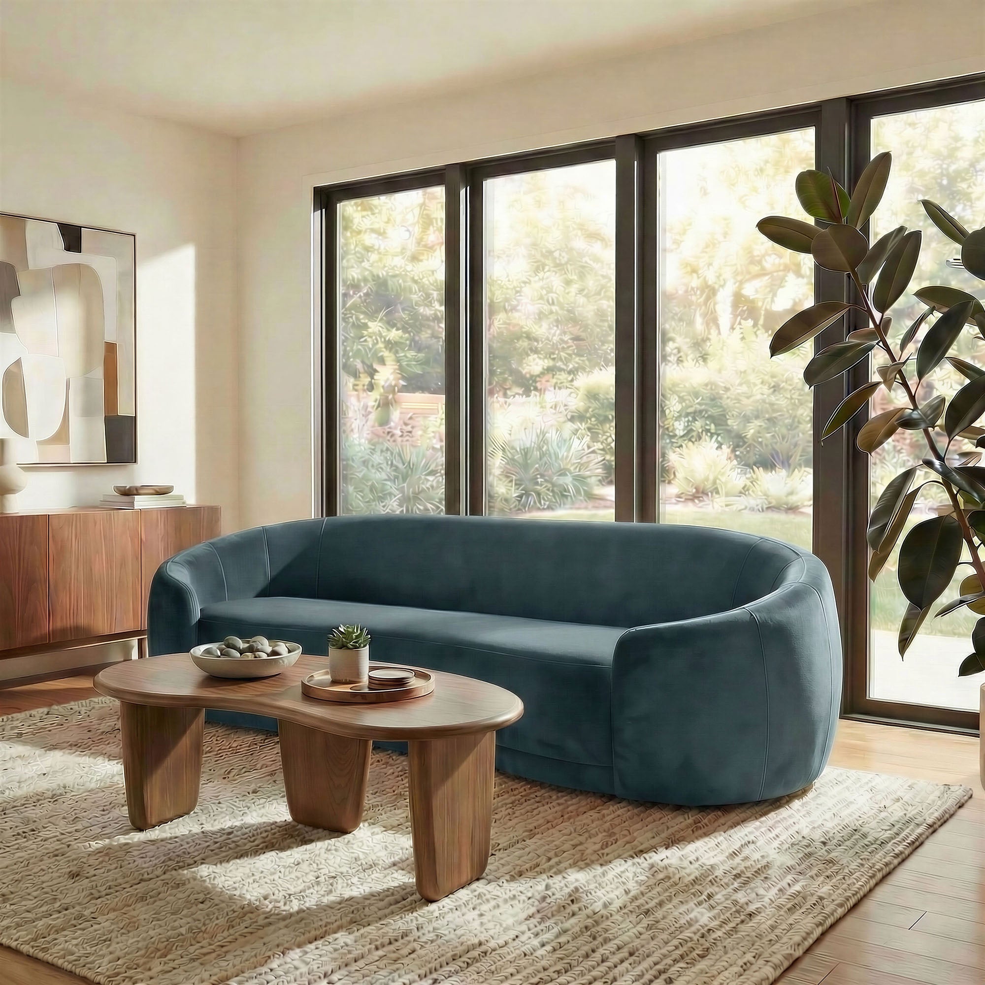 Contessa Curved Performance Velvet Sofa - Cadet Blue