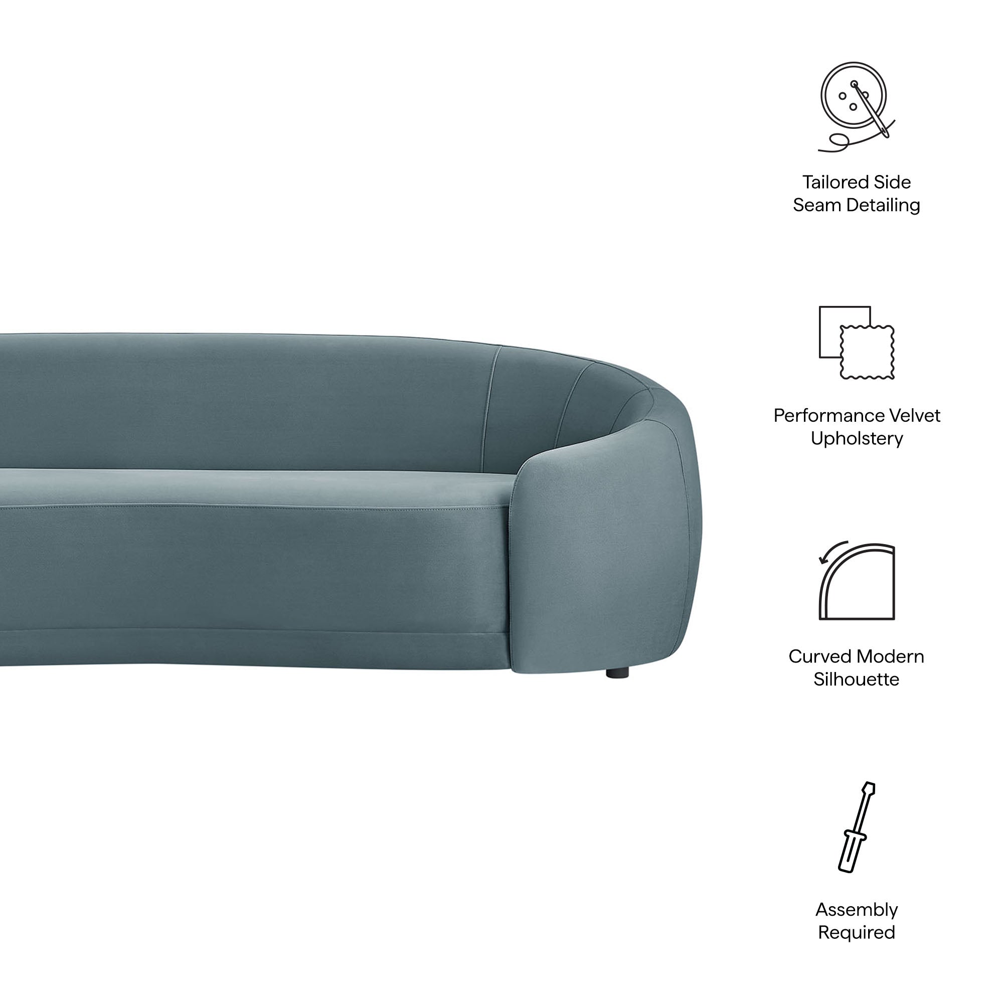 Contessa Curved Performance Velvet Sofa - Cadet Blue