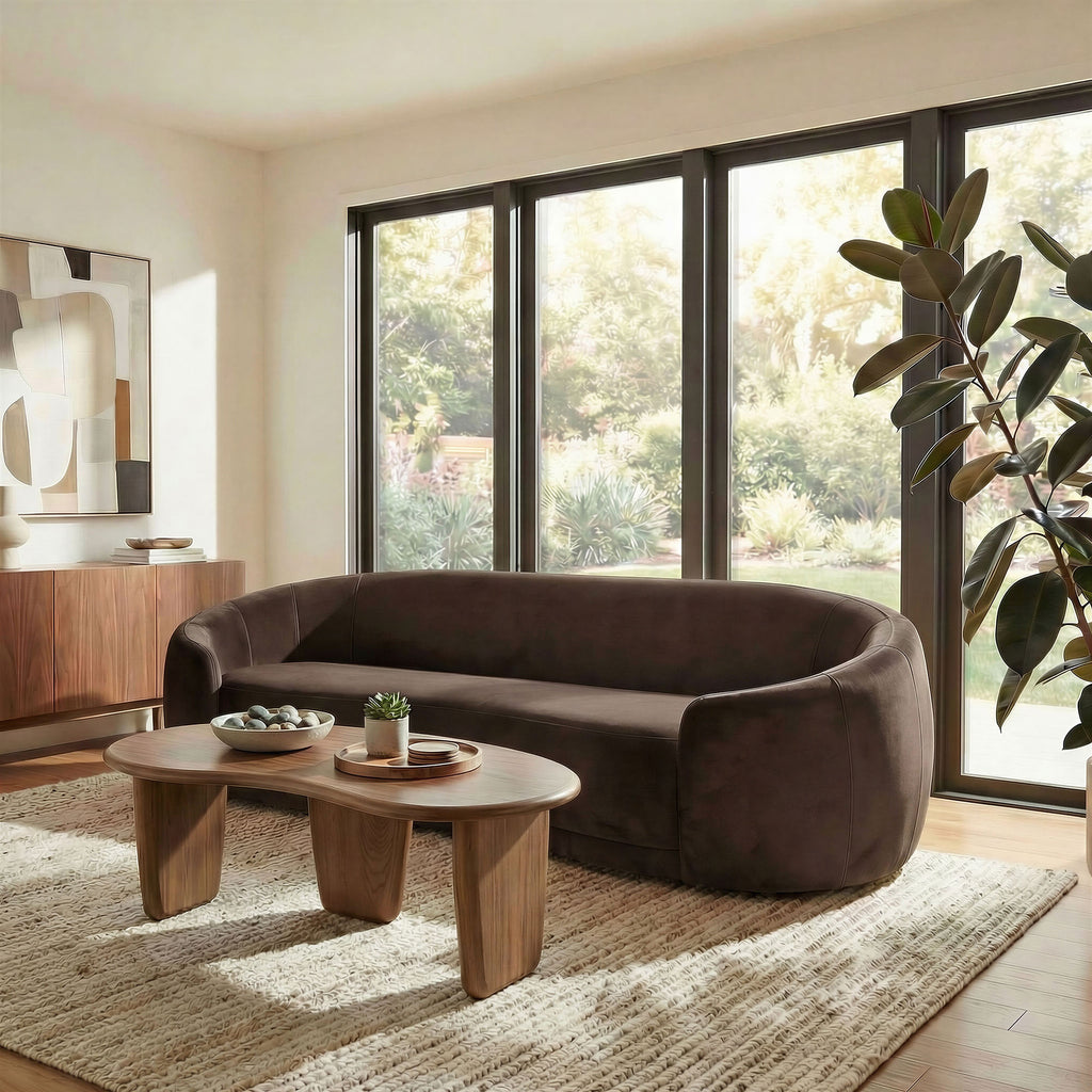 Contessa Curved Performance Velvet Sofa - Chocolate Brown