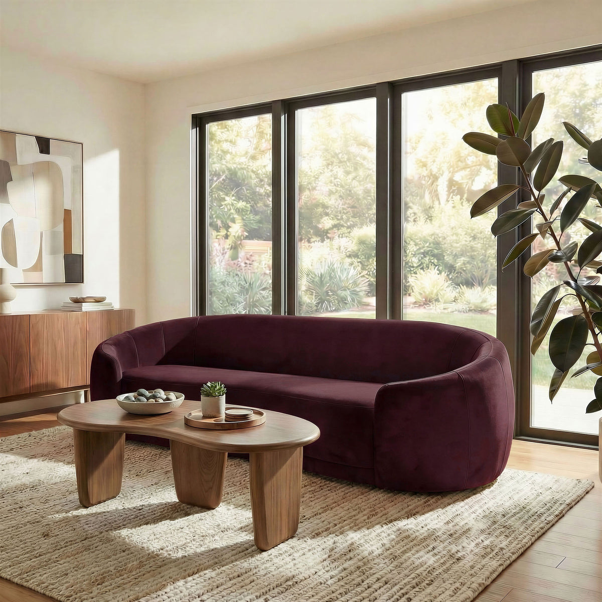 Contessa Curved Performance Velvet Sofa - Mulberry