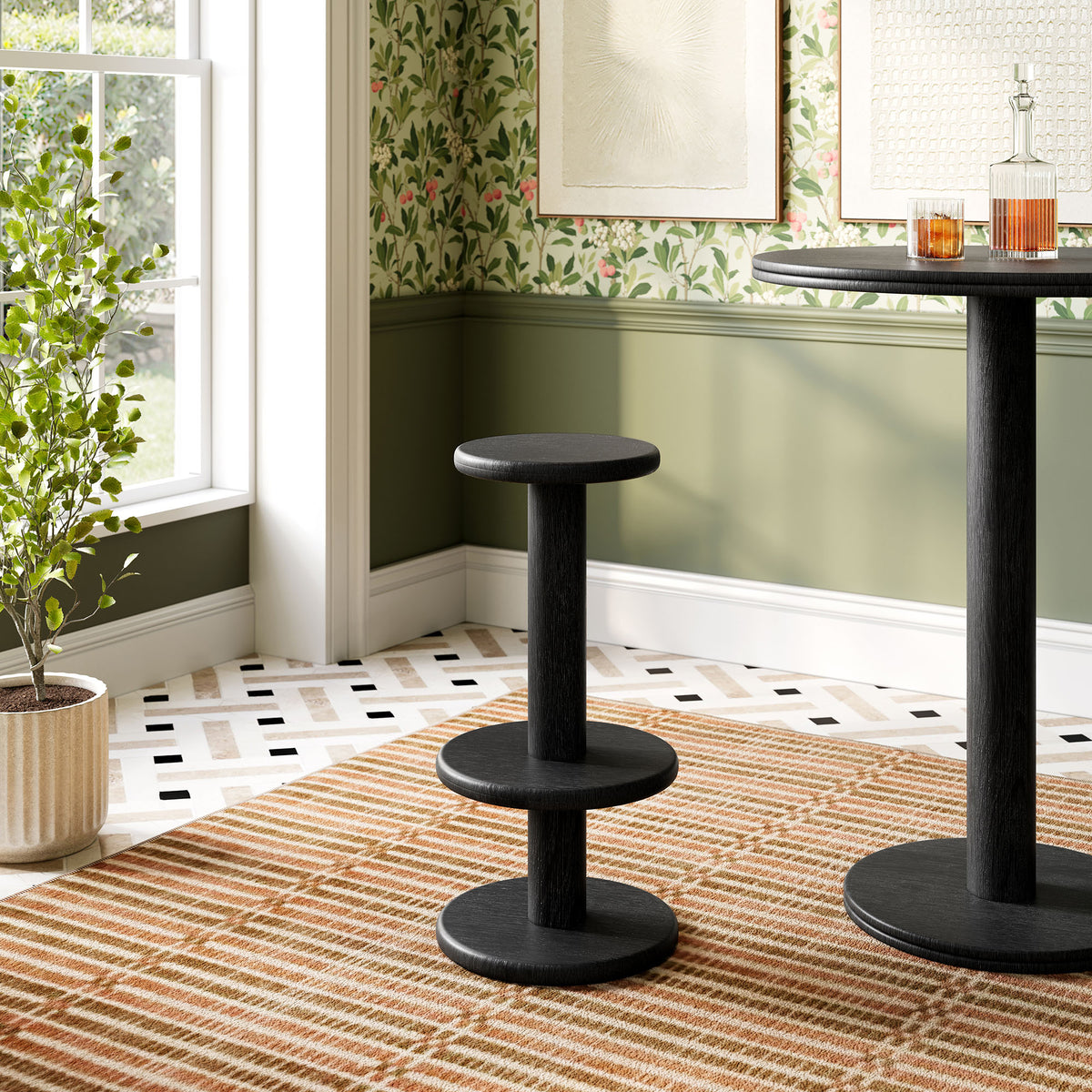 Neo 15 Inch Round Indoor - Outdoor Patio Patio Wood Bar Stools - Black