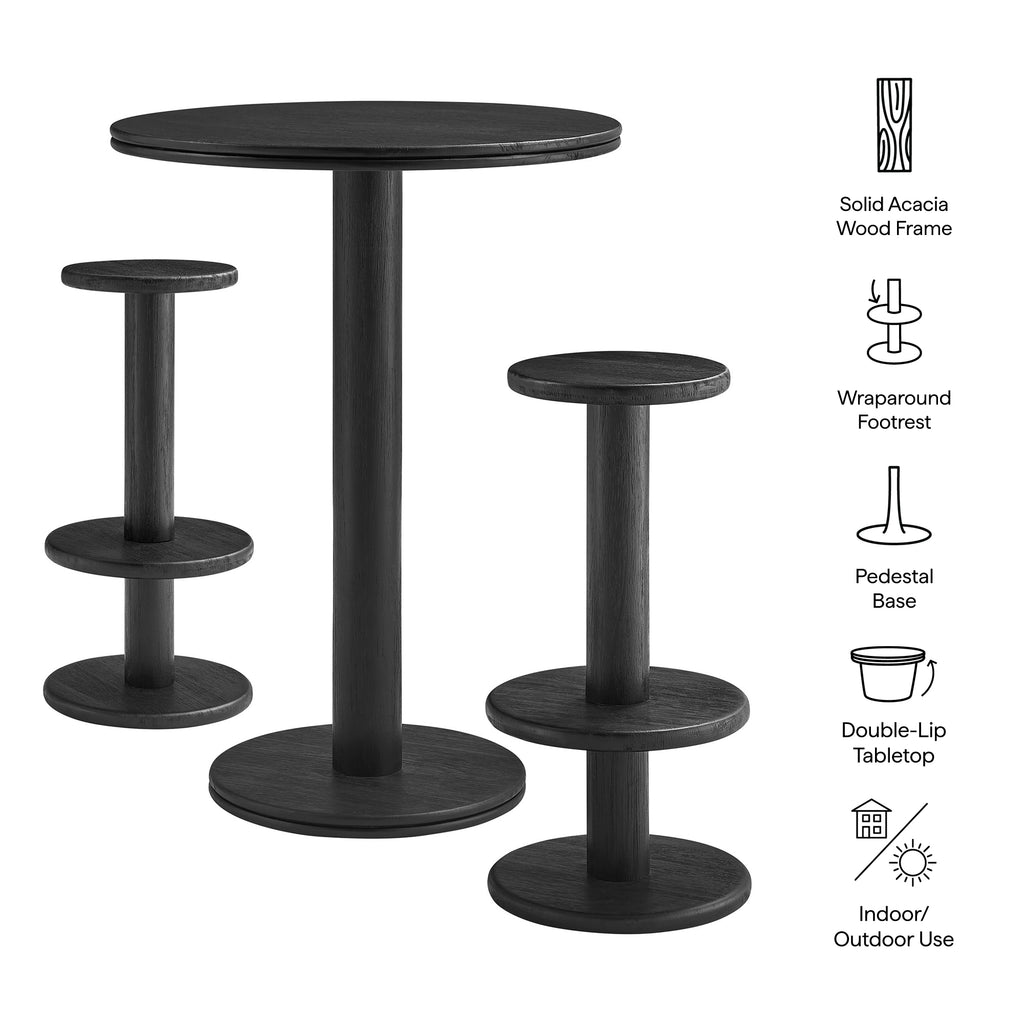 Neo 3-Piece Round Indoor - Outdoor Patio Patio Wood Bar Table And Stool Set - Black