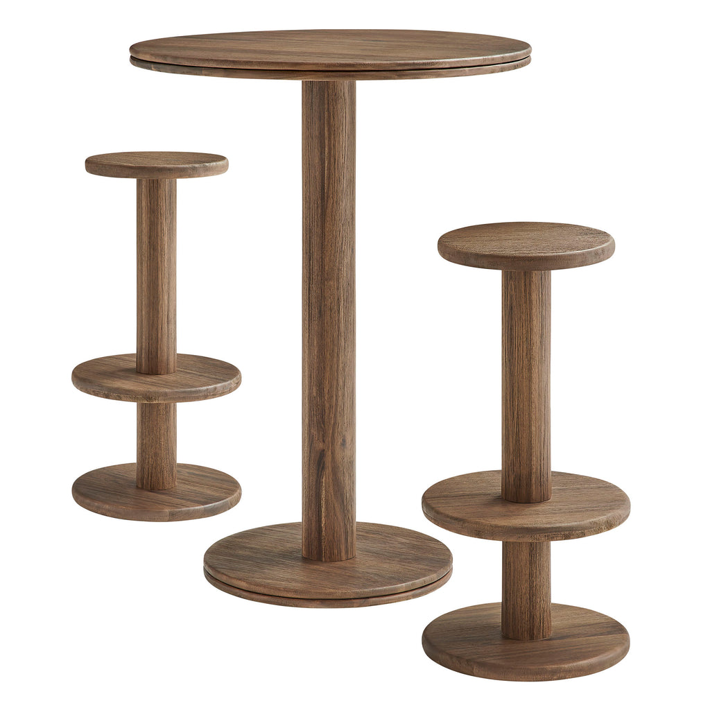 Neo 3-Piece Round Indoor - Outdoor Patio Patio Wood Bar Table And Stool Set - Cocoa Brown