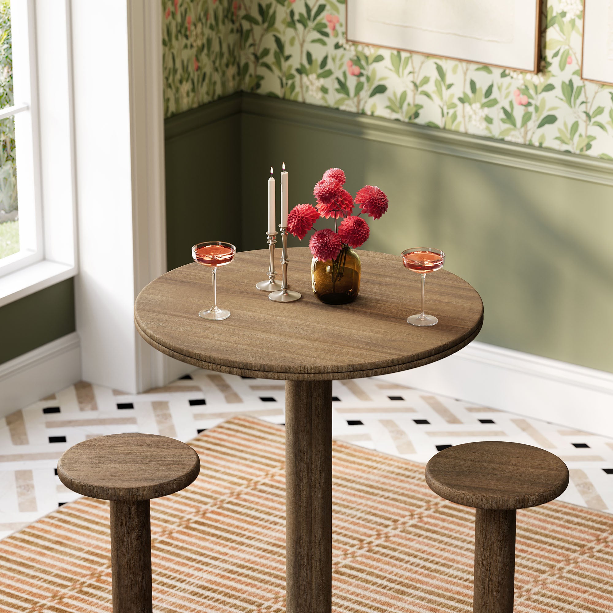 Neo 3-Piece Round Indoor - Outdoor Patio Patio Wood Bar Table And Stool Set - Cocoa Brown