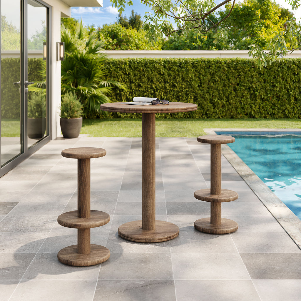 Neo 3-Piece Round Indoor - Outdoor Patio Patio Wood Bar Table And Stool Set - Cocoa Brown