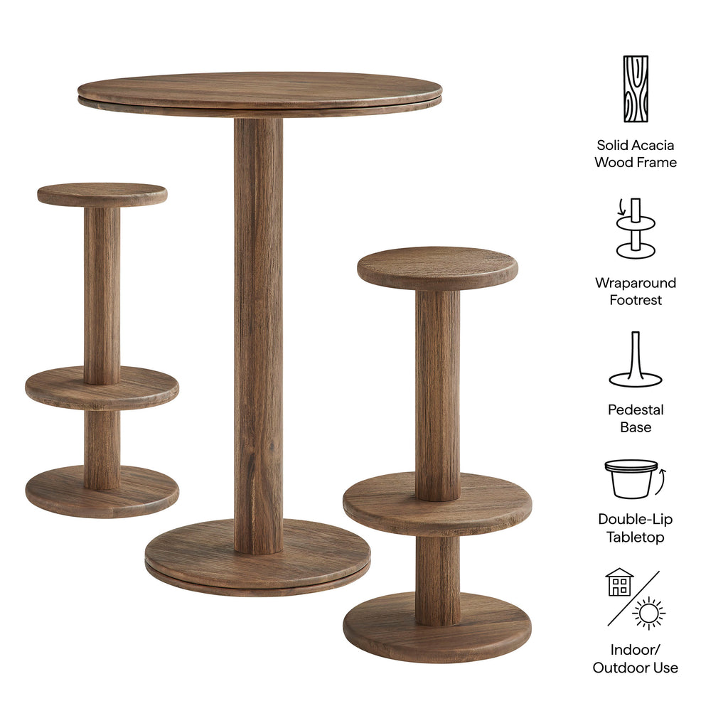 Neo 3-Piece Round Indoor - Outdoor Patio Patio Wood Bar Table And Stool Set - Cocoa Brown