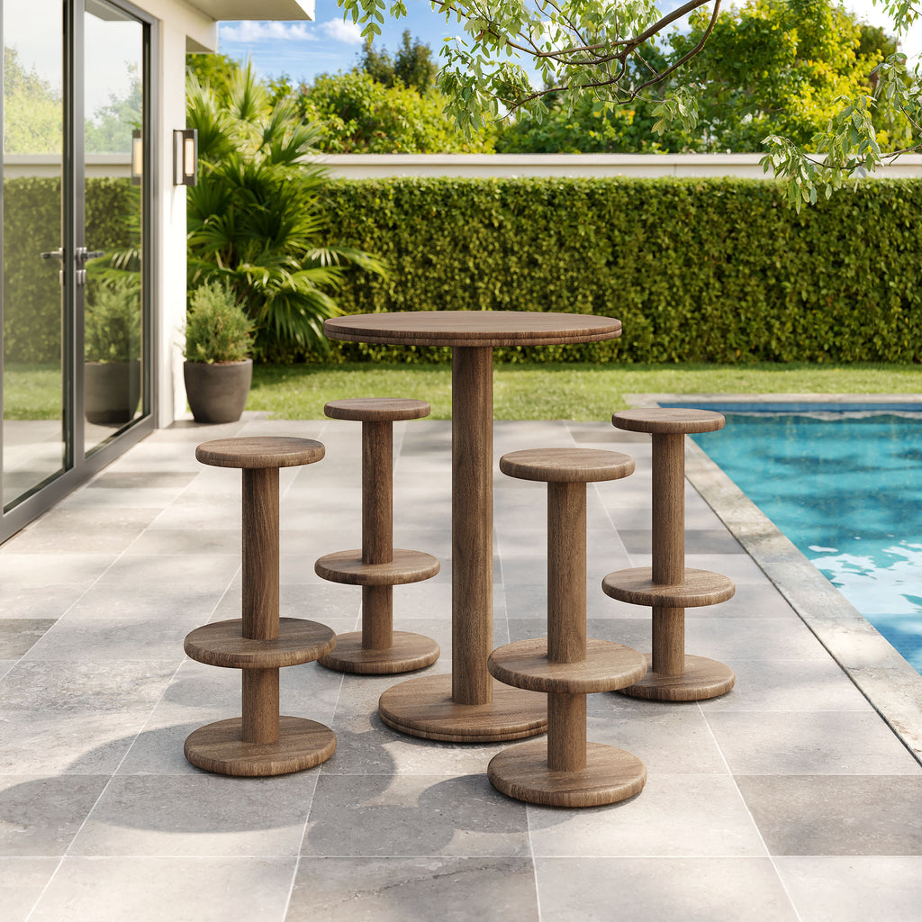 Neo 5-Piece Round Indoor - Outdoor Patio Round Patio Bar Table And Stool Set - Cocoa Brown
