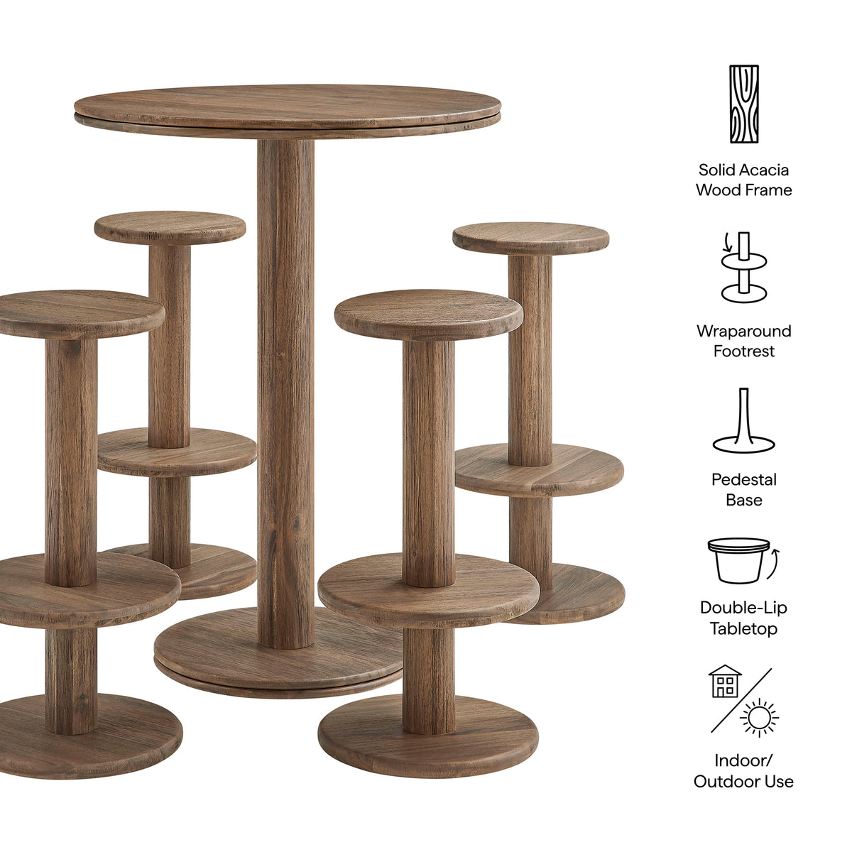 Neo 5-Piece Round Indoor - Outdoor Patio Round Patio Bar Table And Stool Set - Cocoa Brown