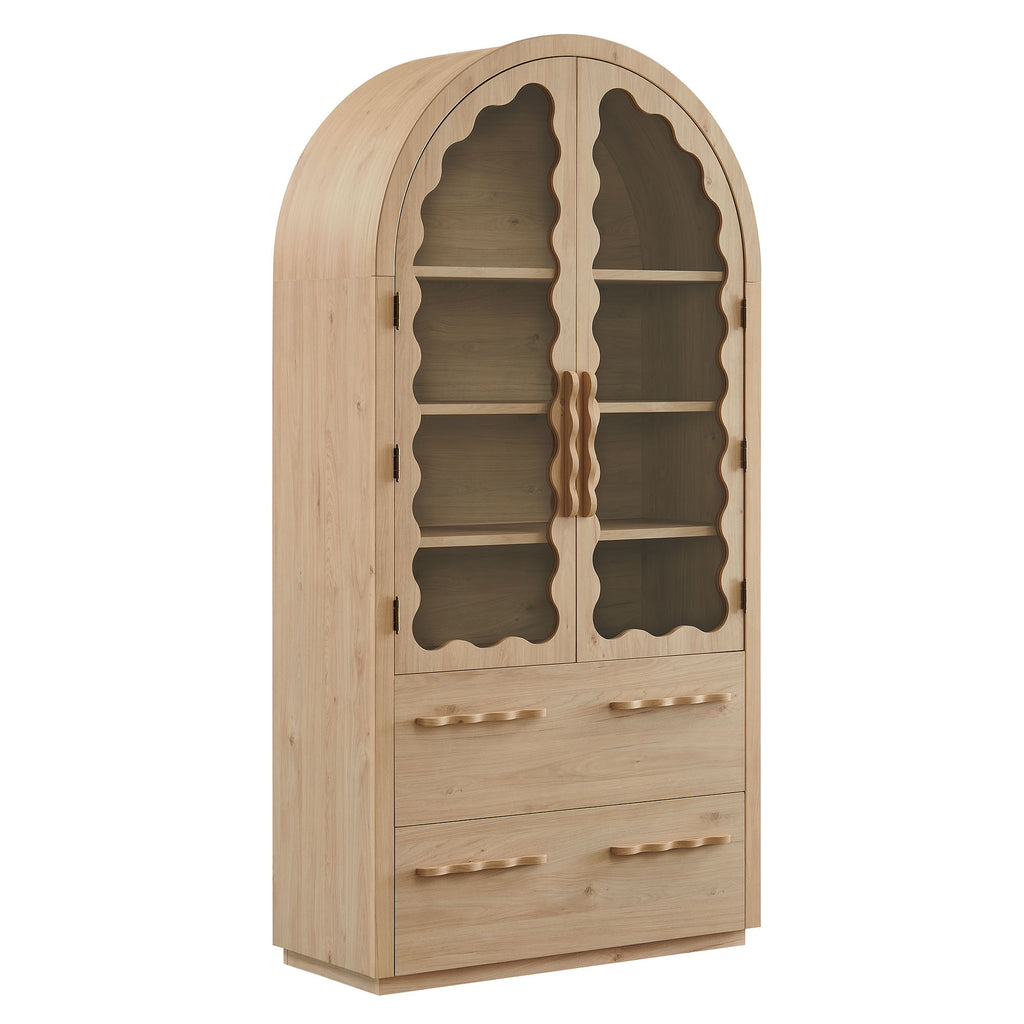 Rory 76 Inch Arched Kitchen Pantry Display Cabinet - Light Oak
