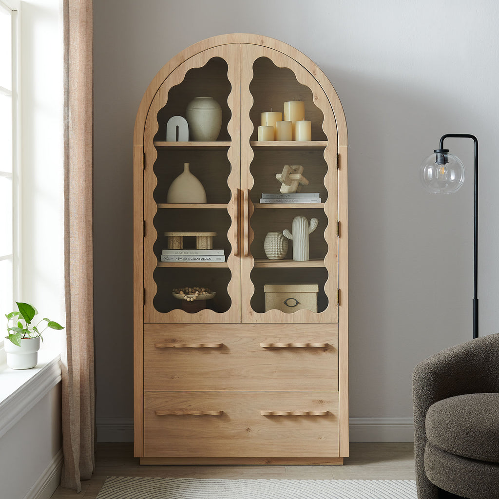 Rory 76 Inch Arched Kitchen Pantry Display Cabinet - Light Oak