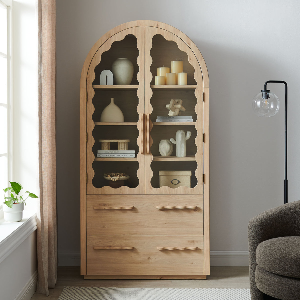 Rory 76 Inch Arched Kitchen Pantry Display Cabinet - Light Oak
