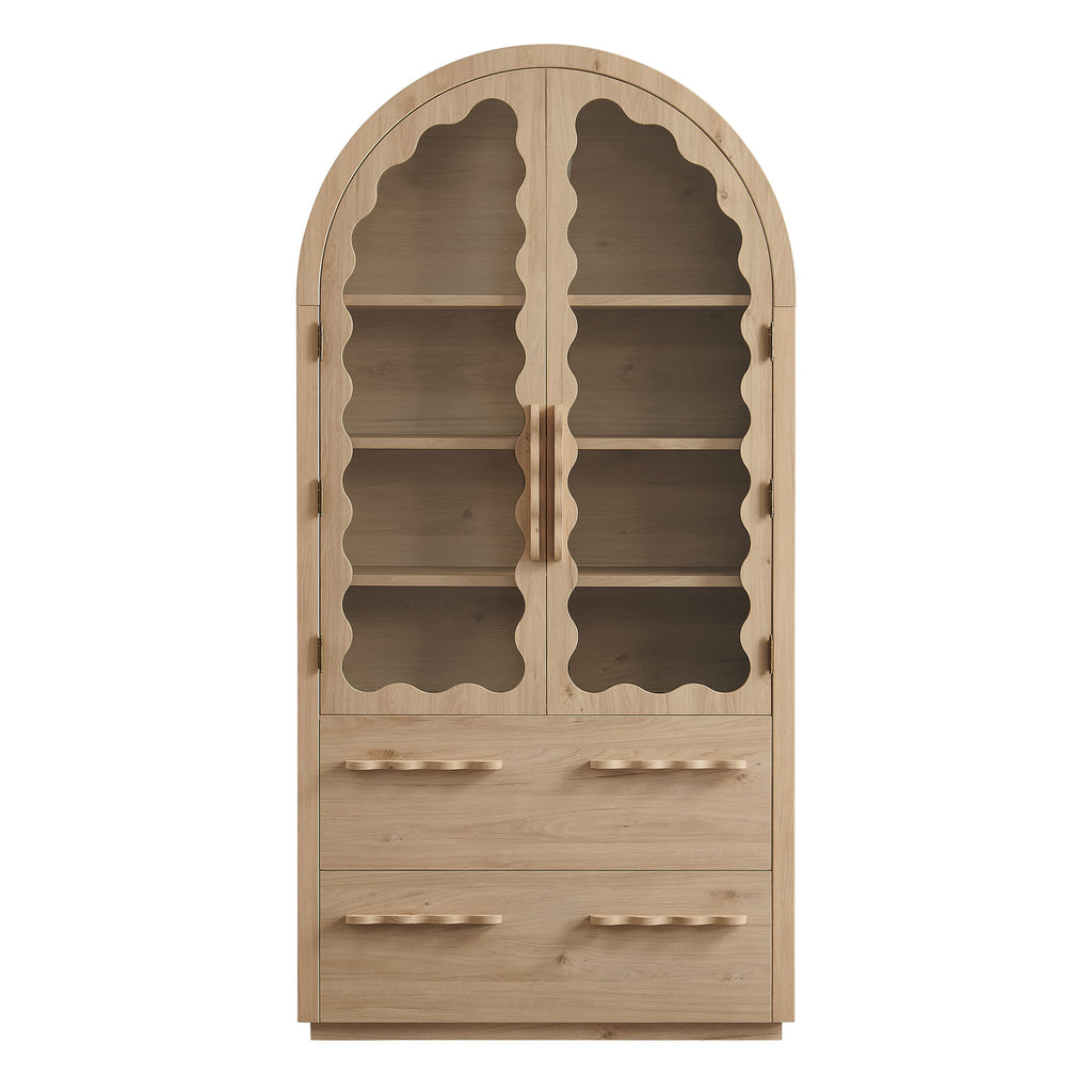 Rory 76 Inch Arched Kitchen Pantry Display Cabinet - Light Oak