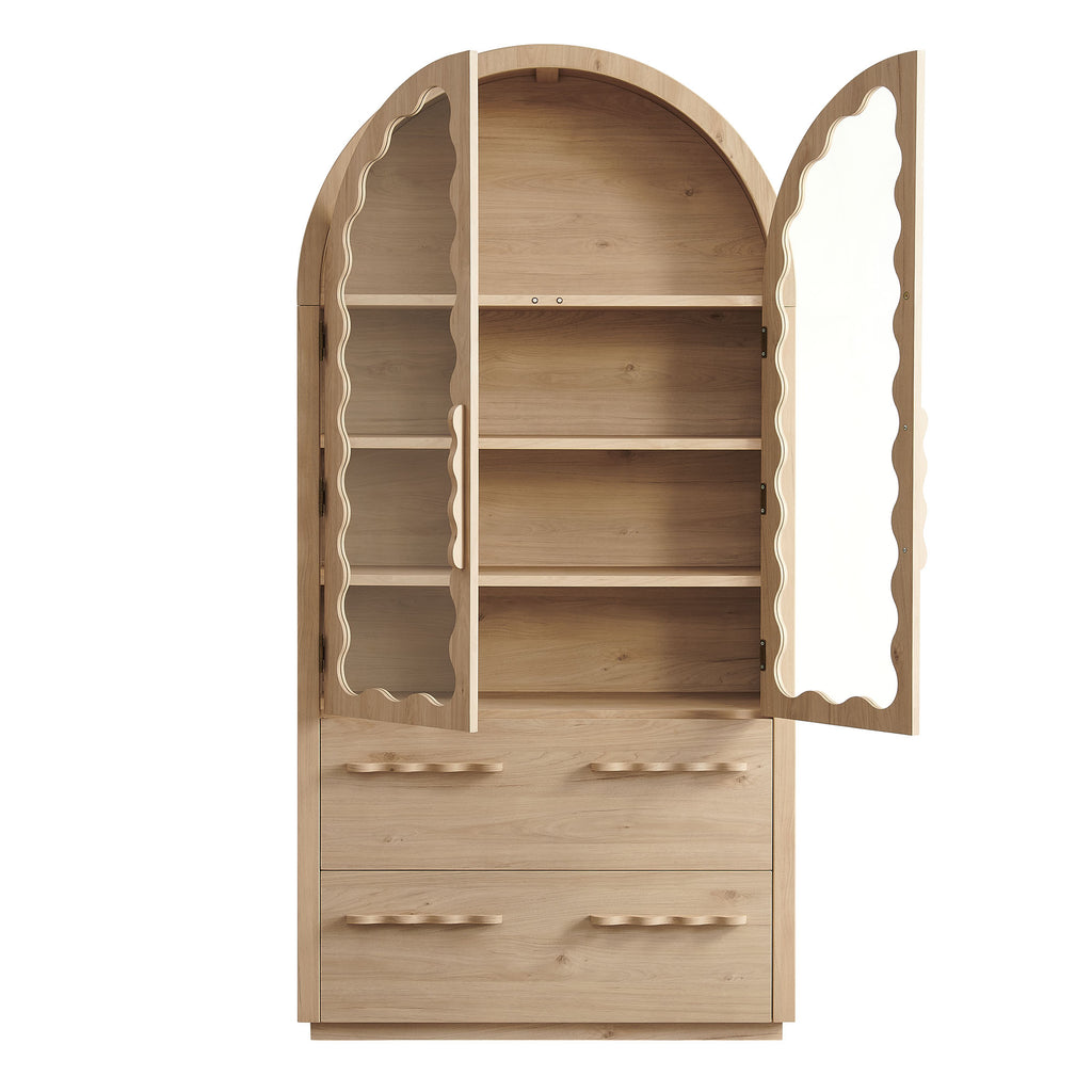 Rory 76 Inch Arched Kitchen Pantry Display Cabinet - Light Oak