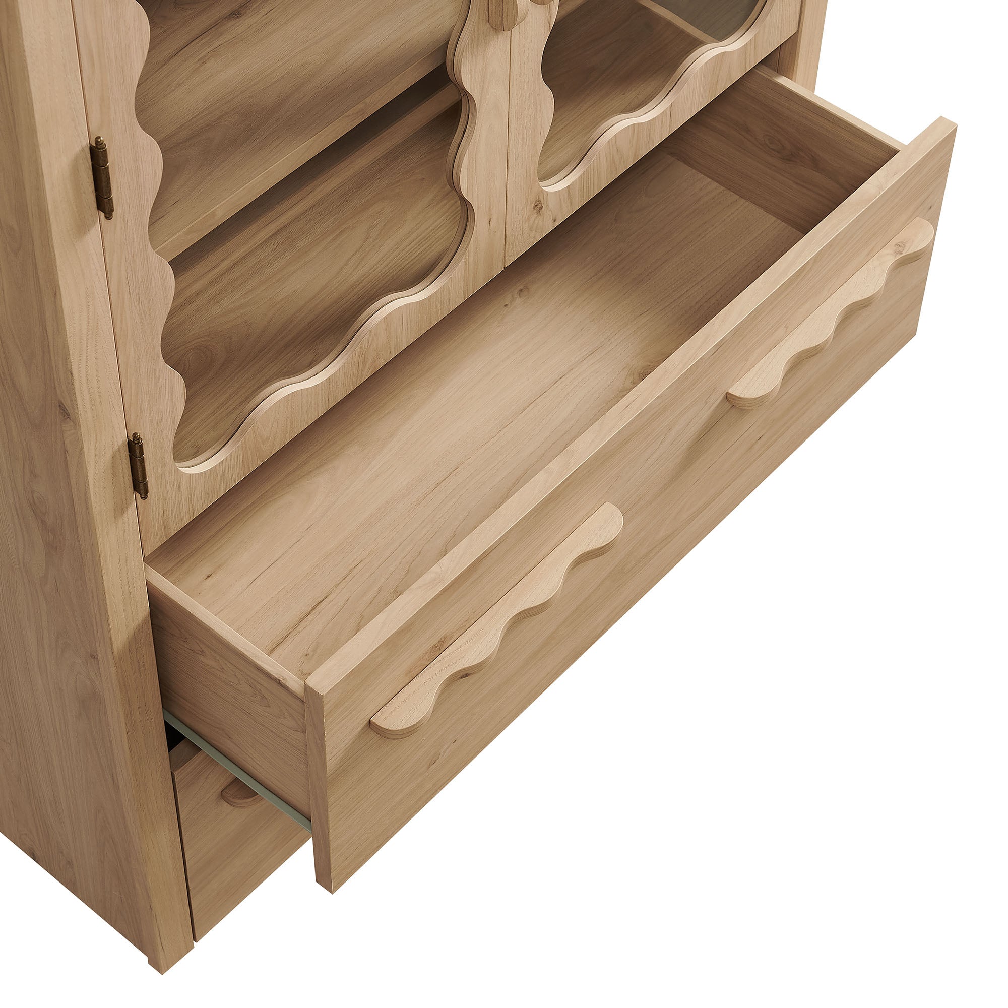 Rory 76 Inch Arched Kitchen Pantry Display Cabinet - Light Oak