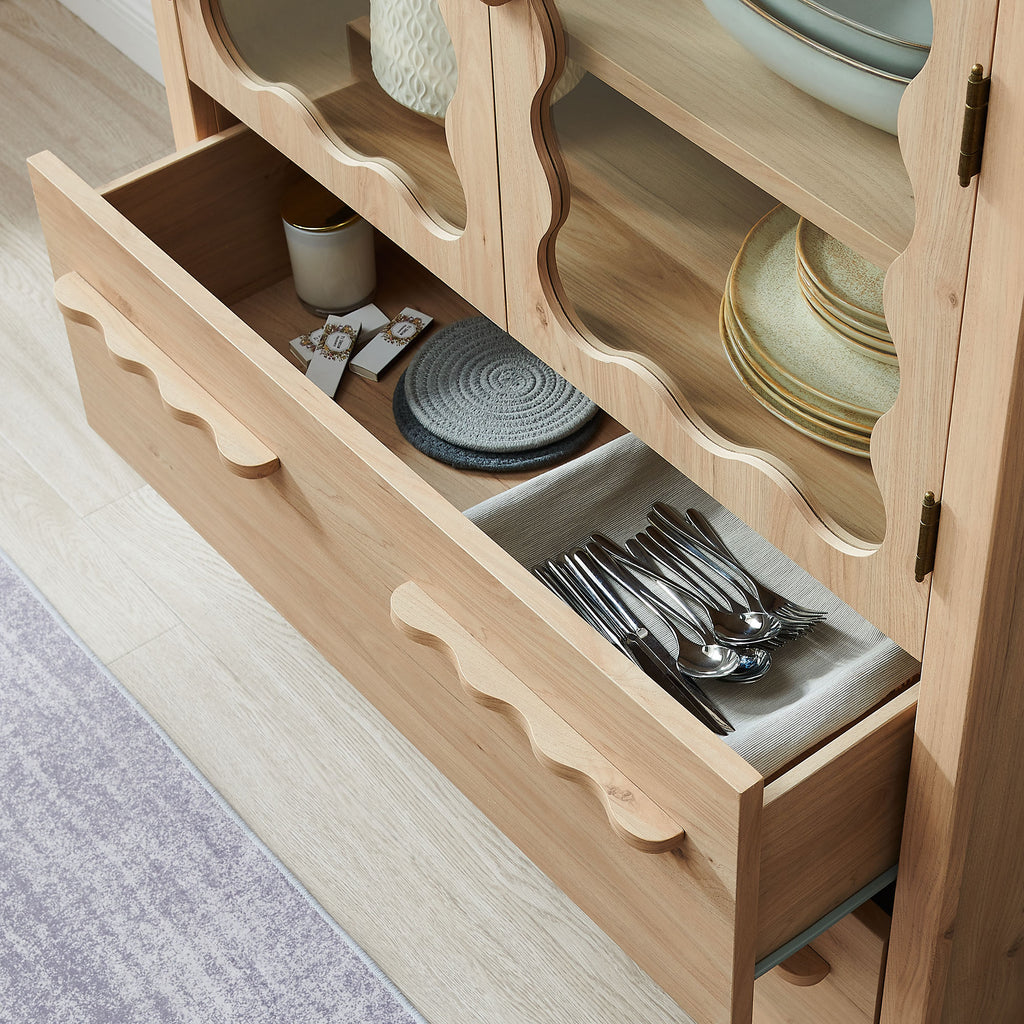 Rory 76 Inch Arched Kitchen Pantry Display Cabinet - Light Oak