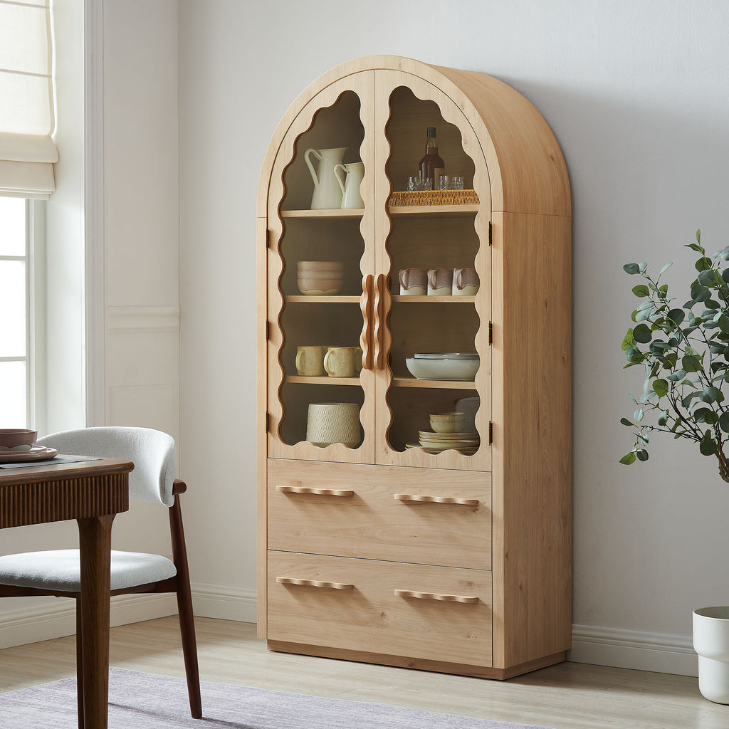 Rory 76 Inch Arched Kitchen Pantry Display Cabinet - Light Oak