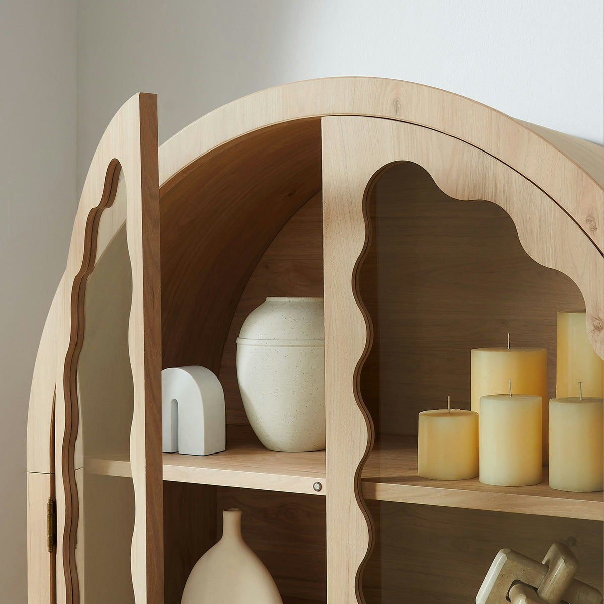 Rory 76 Inch Arched Kitchen Pantry Display Cabinet - Light Oak