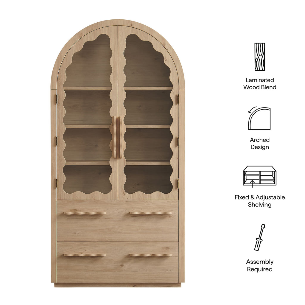 Rory 76 Inch Arched Kitchen Pantry Display Cabinet - Light Oak