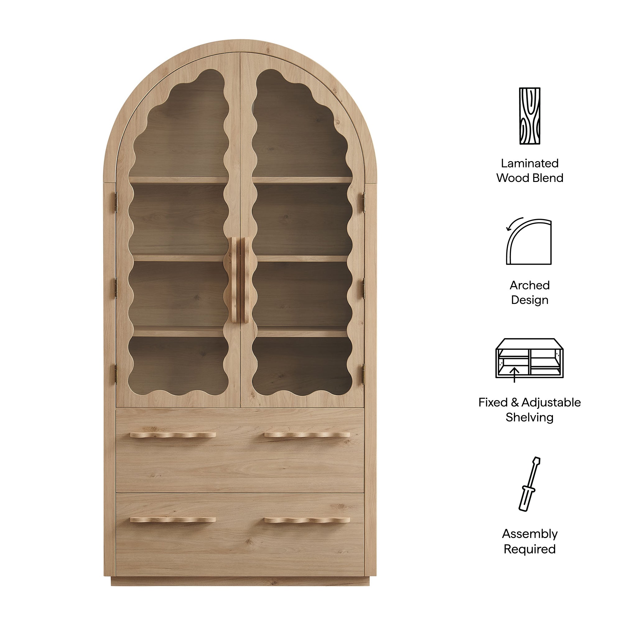 Rory 76 Inch Arched Kitchen Pantry Display Cabinet - Light Oak