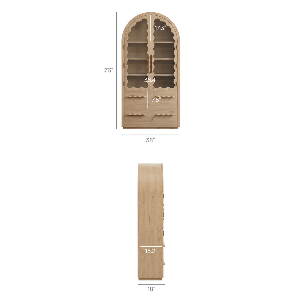 Rory 76 Inch Arched Kitchen Pantry Display Cabinet - Light Oak