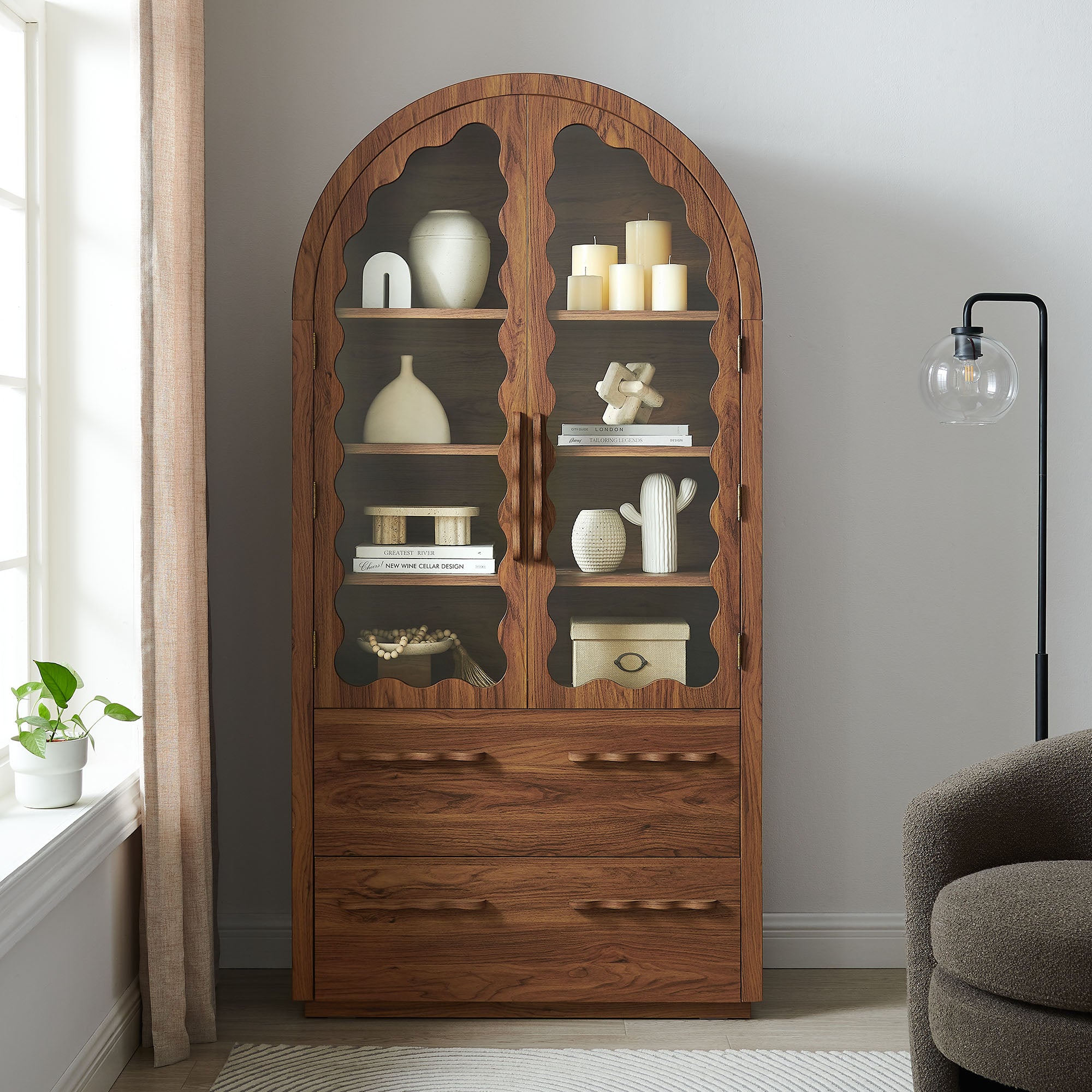 Rory 76 Inch Arched Kitchen Pantry Display Cabinet - Walnut