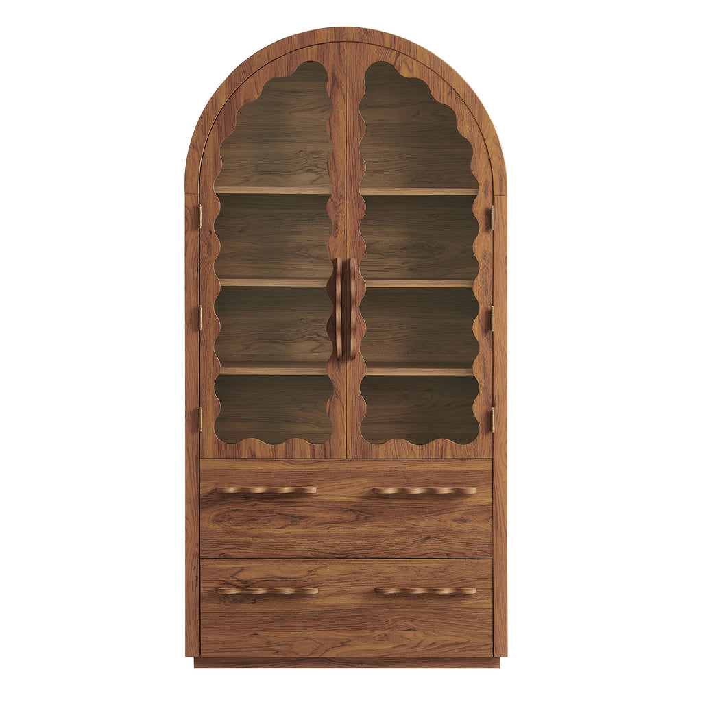 Rory 76 Inch Arched Kitchen Pantry Display Cabinet - Walnut