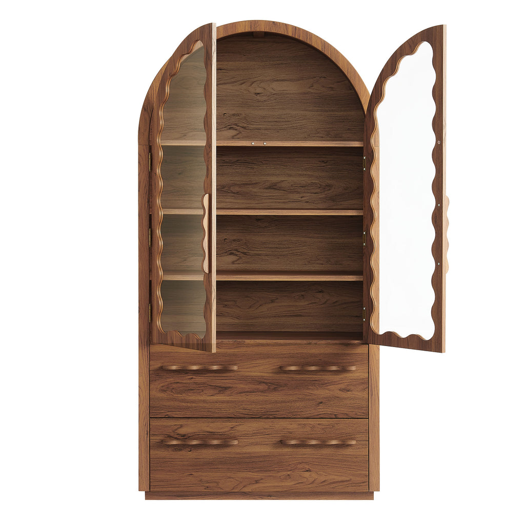 Rory 76 Inch Arched Kitchen Pantry Display Cabinet - Walnut
