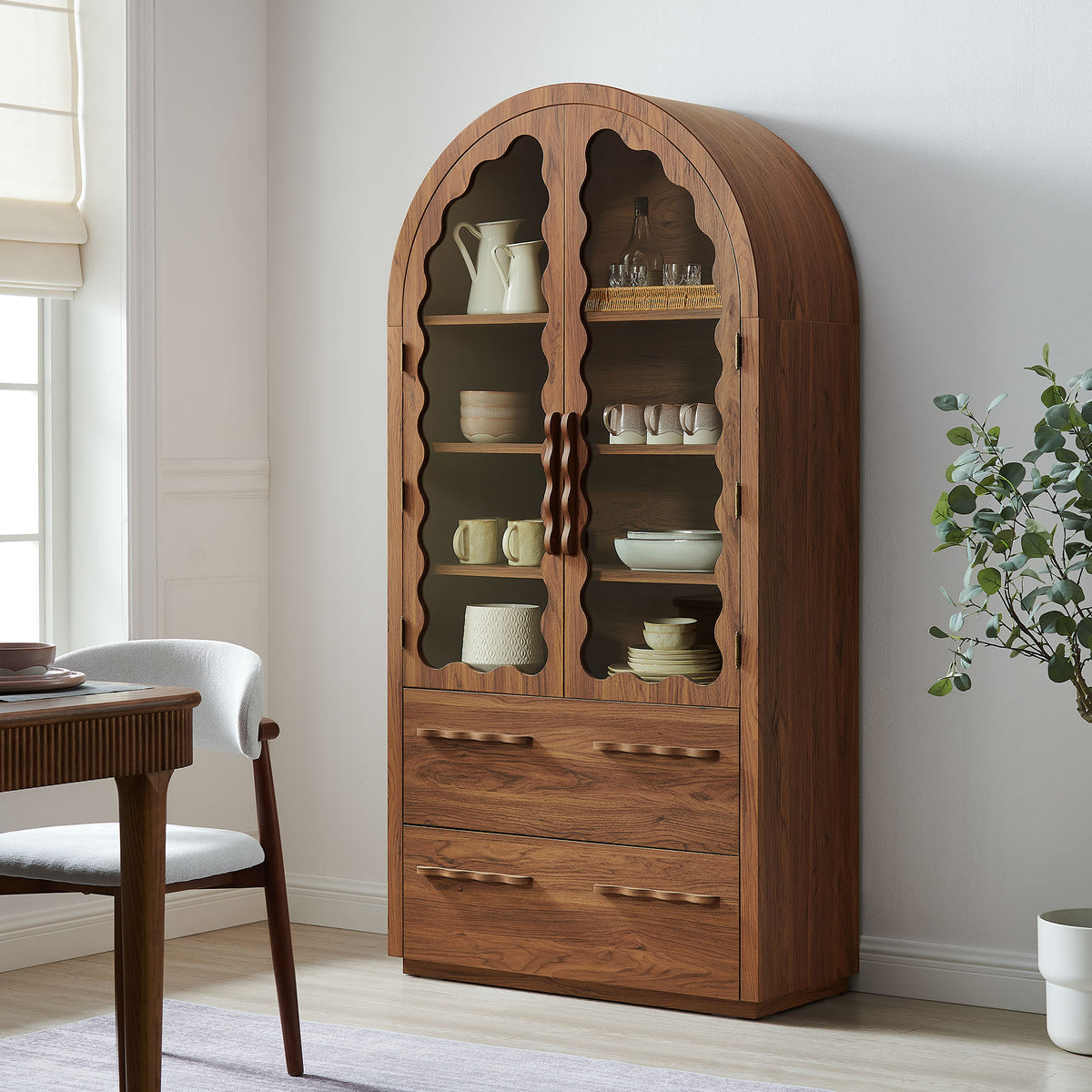 Rory 76 Inch Arched Kitchen Pantry Display Cabinet - Walnut