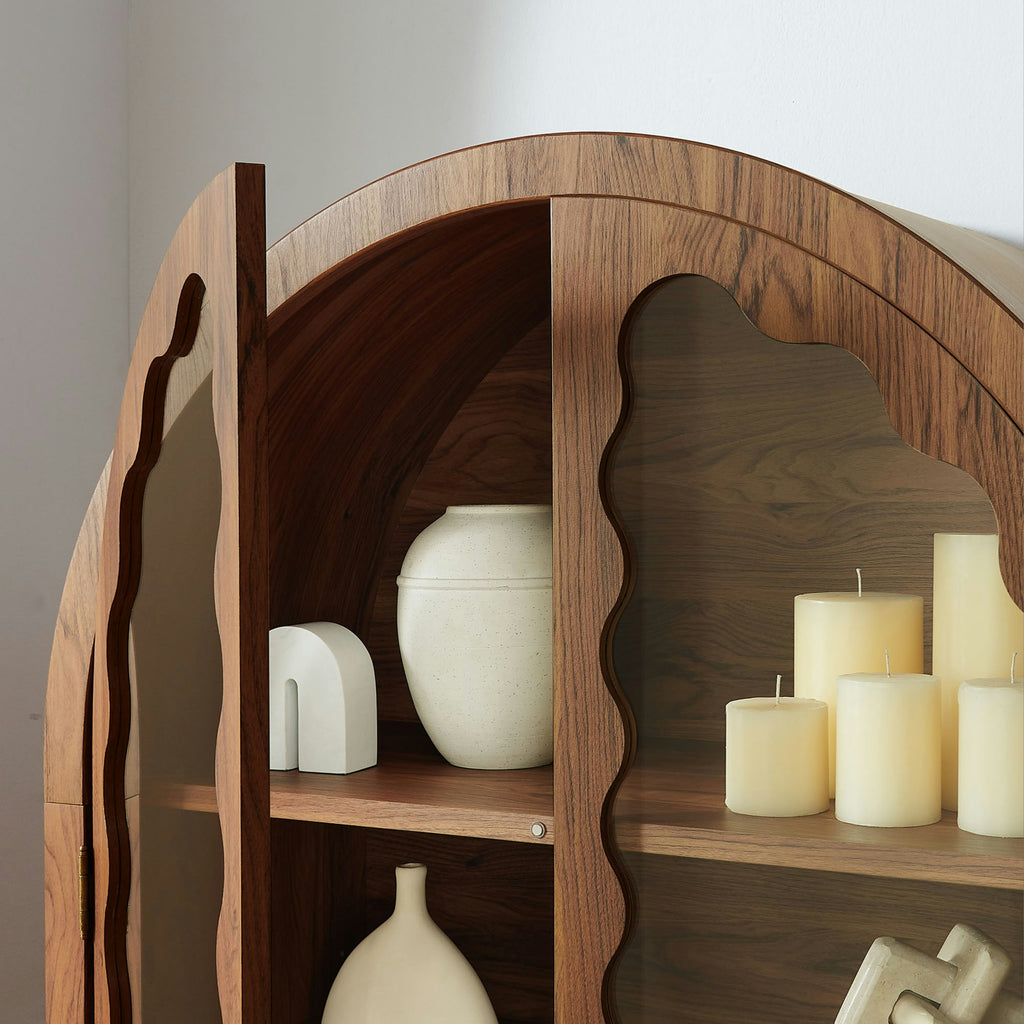Rory 76 Inch Arched Kitchen Pantry Display Cabinet - Walnut