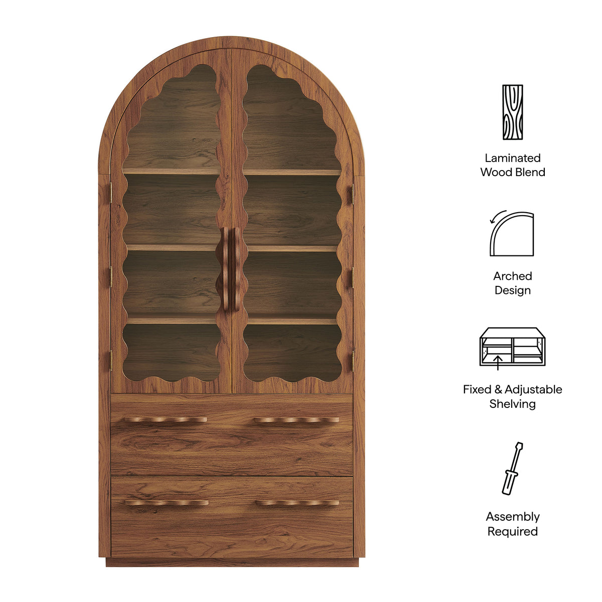 Rory 76 Inch Arched Kitchen Pantry Display Cabinet - Walnut
