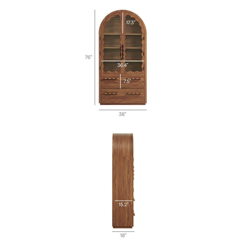 Rory 76 Inch Arched Kitchen Pantry Display Cabinet - Walnut