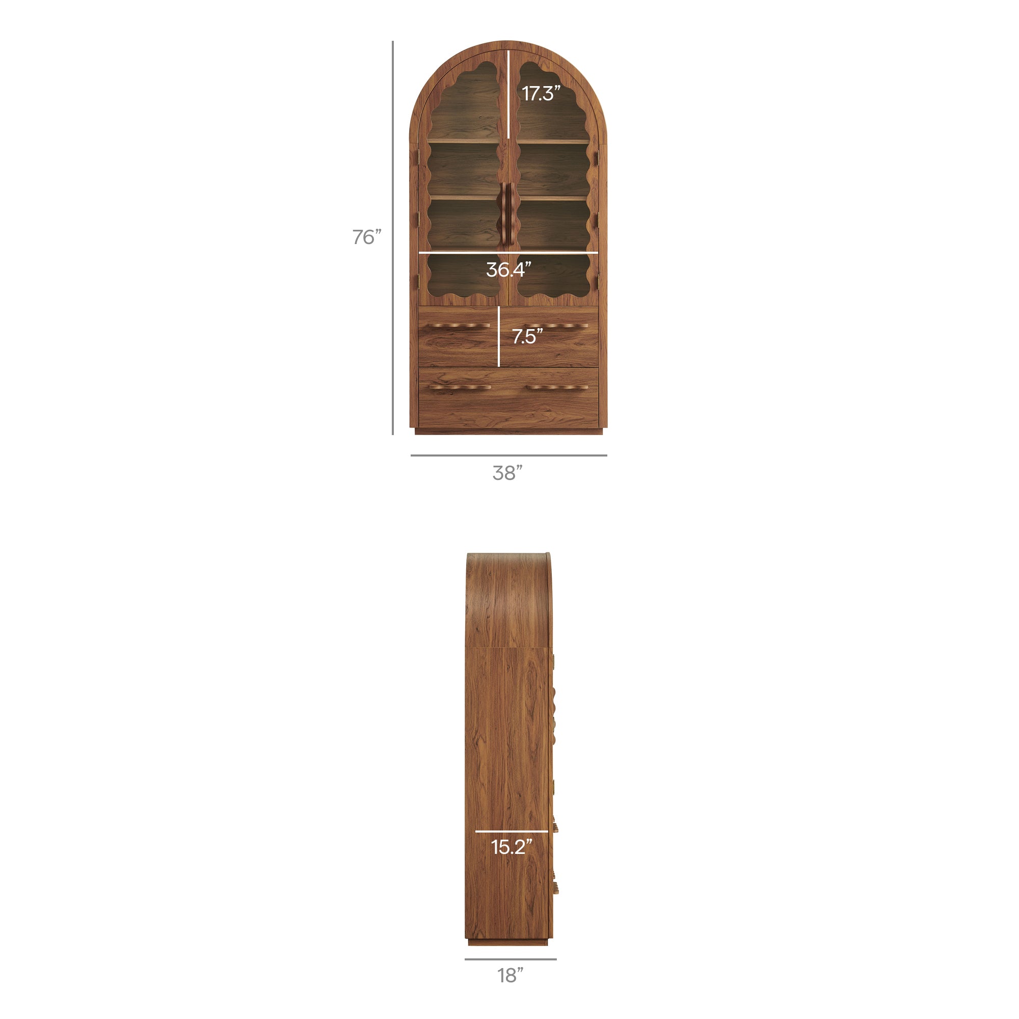 Rory 76 Inch Arched Kitchen Pantry Display Cabinet - Walnut