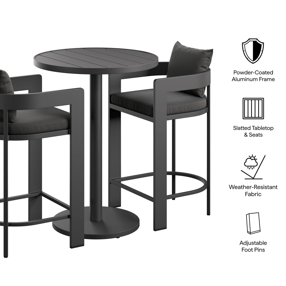 Tahoe 3-Piece Outdoor Patio Aluminum Bar Set - Charcoal