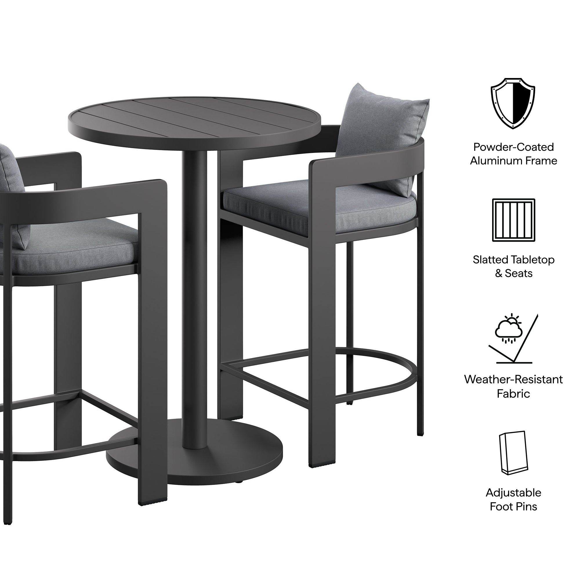 Tahoe 3-Piece Outdoor Patio Aluminum Bar Set - Gray
