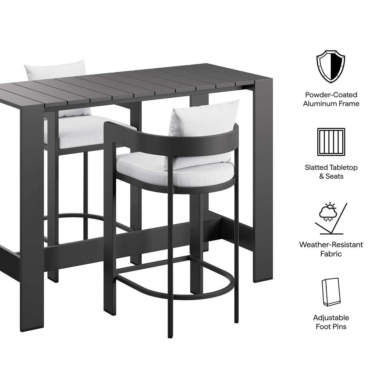 Tahoe 3-Piece Outdoor Patio Aluminum Bar Table Set - White