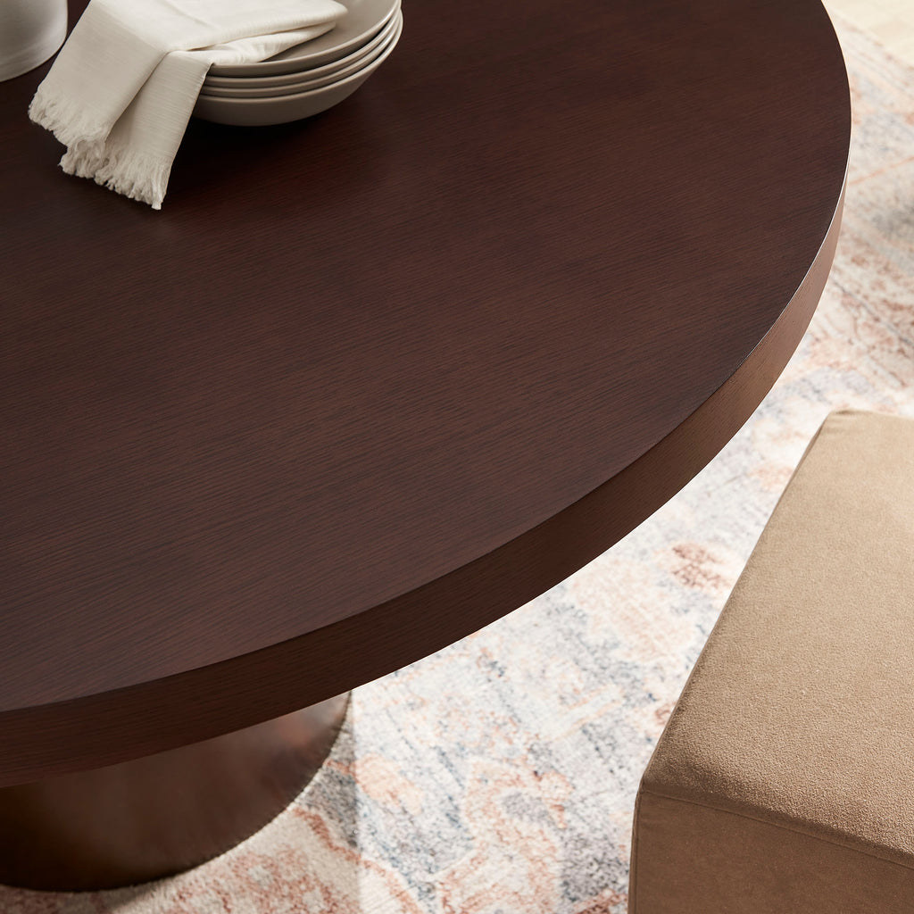 Annette 54 Inch Round Pedestal Base Dining Table - Dark Walnut Burnished Brass