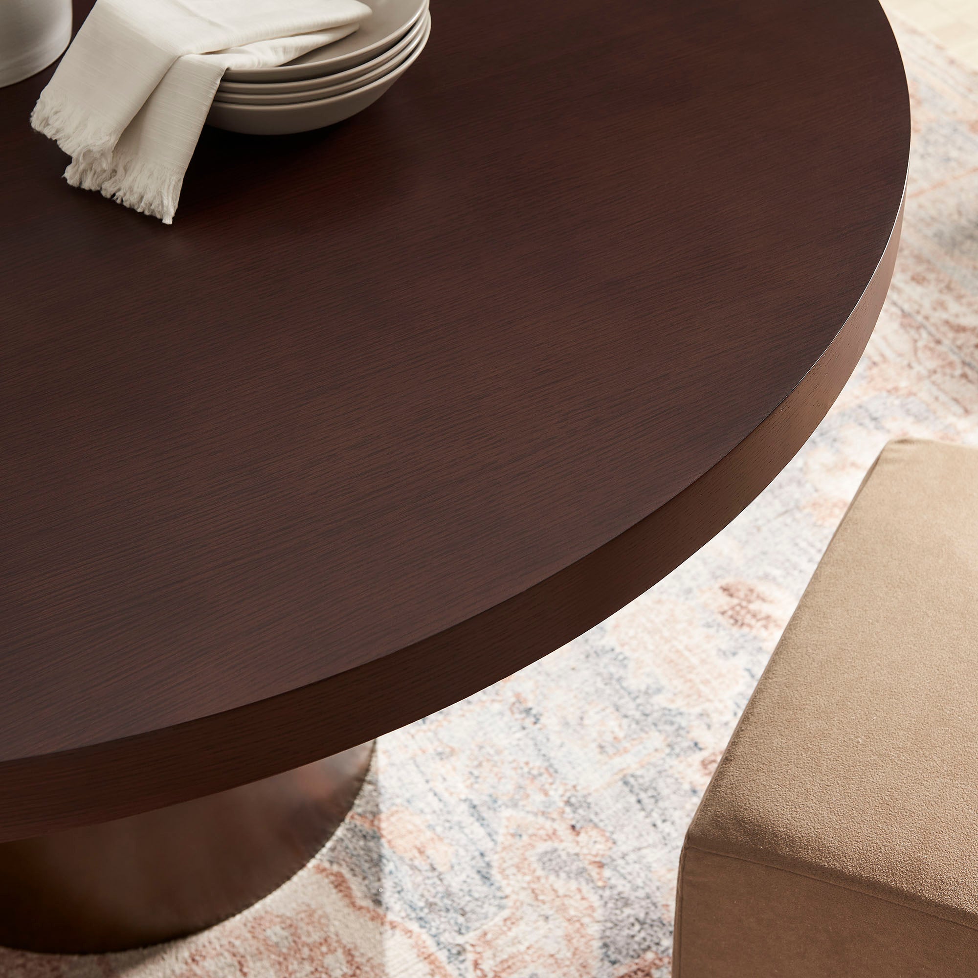 Annette 54 Inch Round Pedestal Base Dining Table - Dark Walnut Burnished Brass