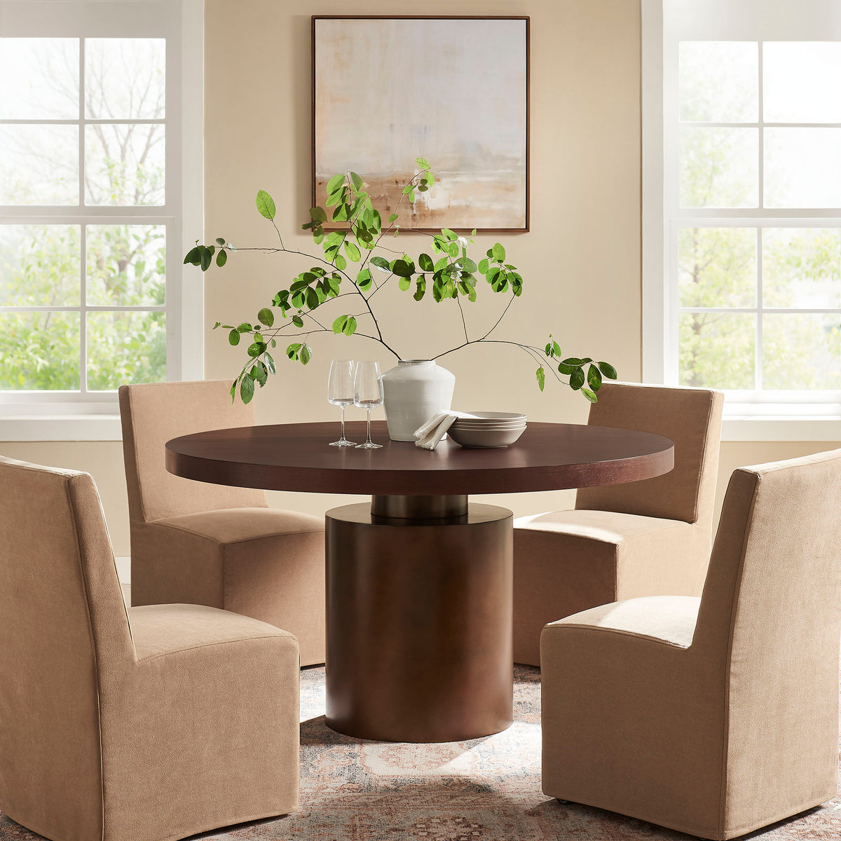 Annette 54 Inch Round Pedestal Base Dining Table - Dark Walnut Burnished Brass