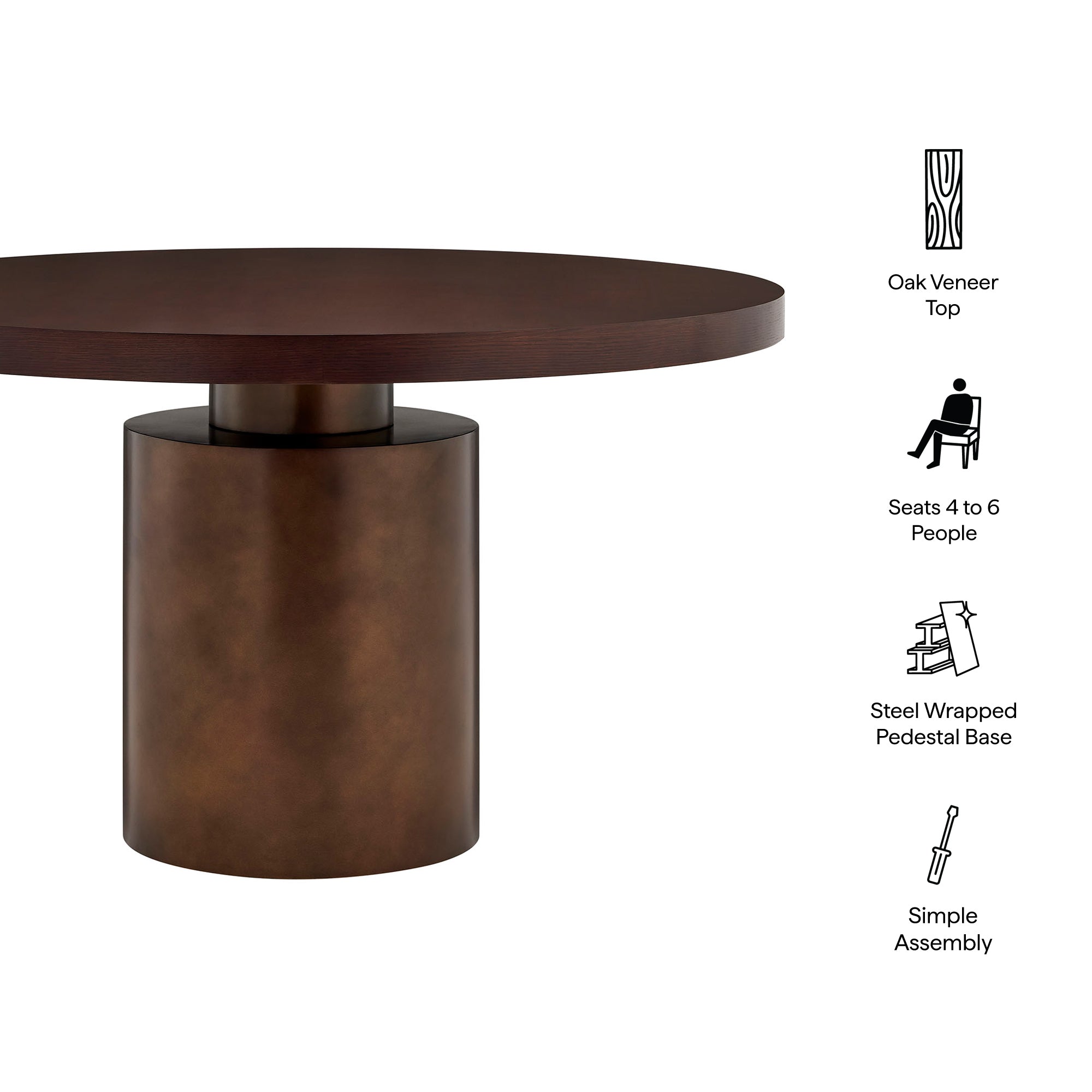 Annette 54 Inch Round Pedestal Base Dining Table - Dark Walnut Burnished Brass