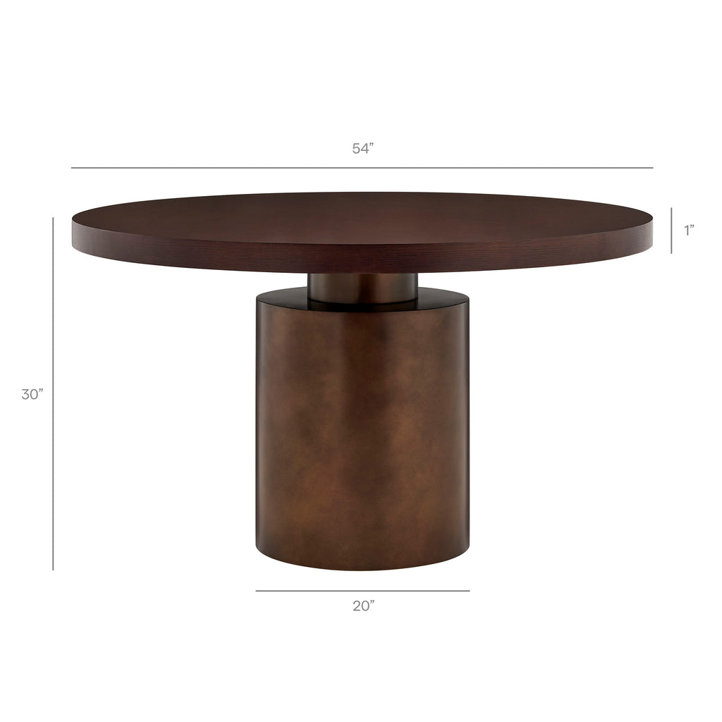 Annette 54 Inch Round Pedestal Base Dining Table - Dark Walnut Burnished Brass