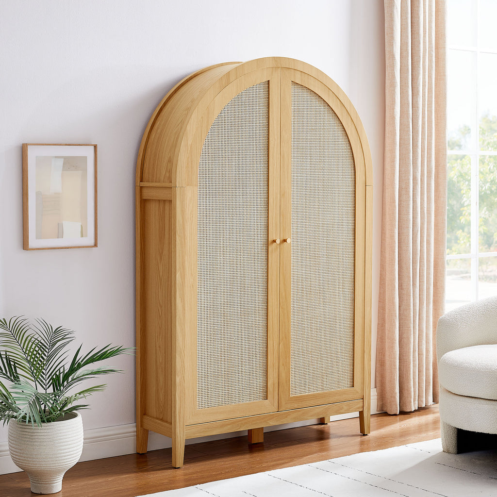 Calista 63 Inch Arched Storage Cabinet With Folding Desk - Oak
