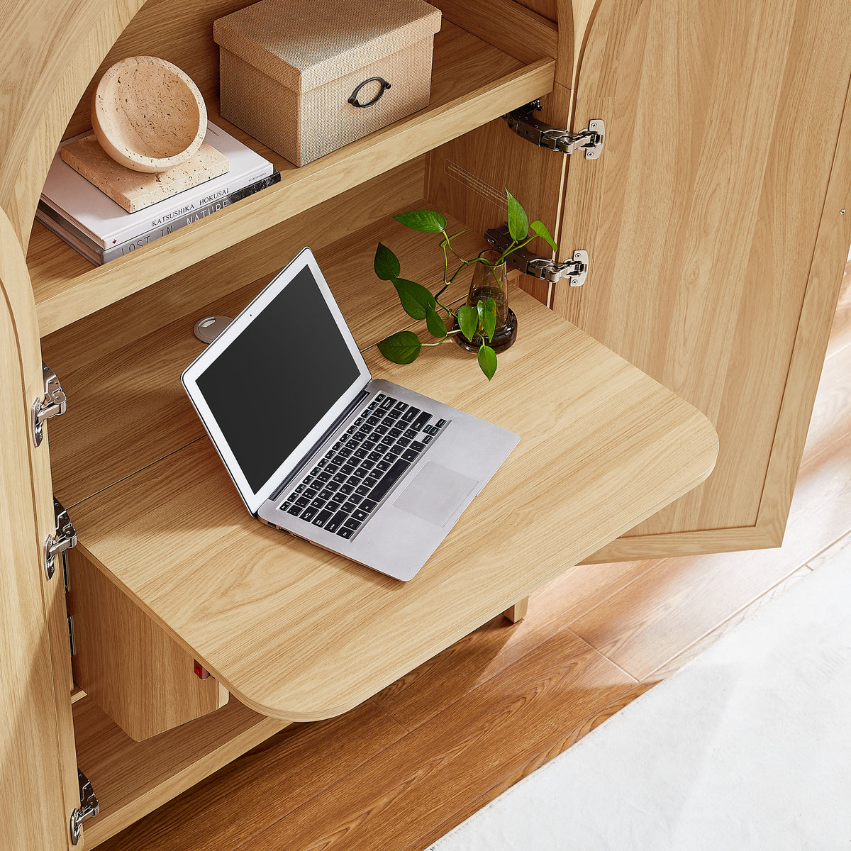 Calista 63 Inch Arched Storage Cabinet With Folding Desk - Oak