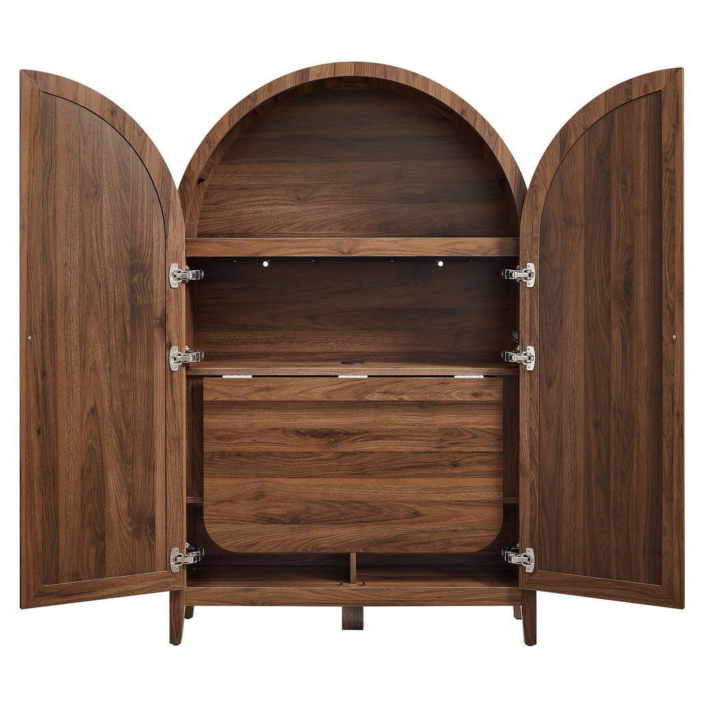 Calista 63 Inch Arched Storage Cabinet With Folding Desk - Walnut